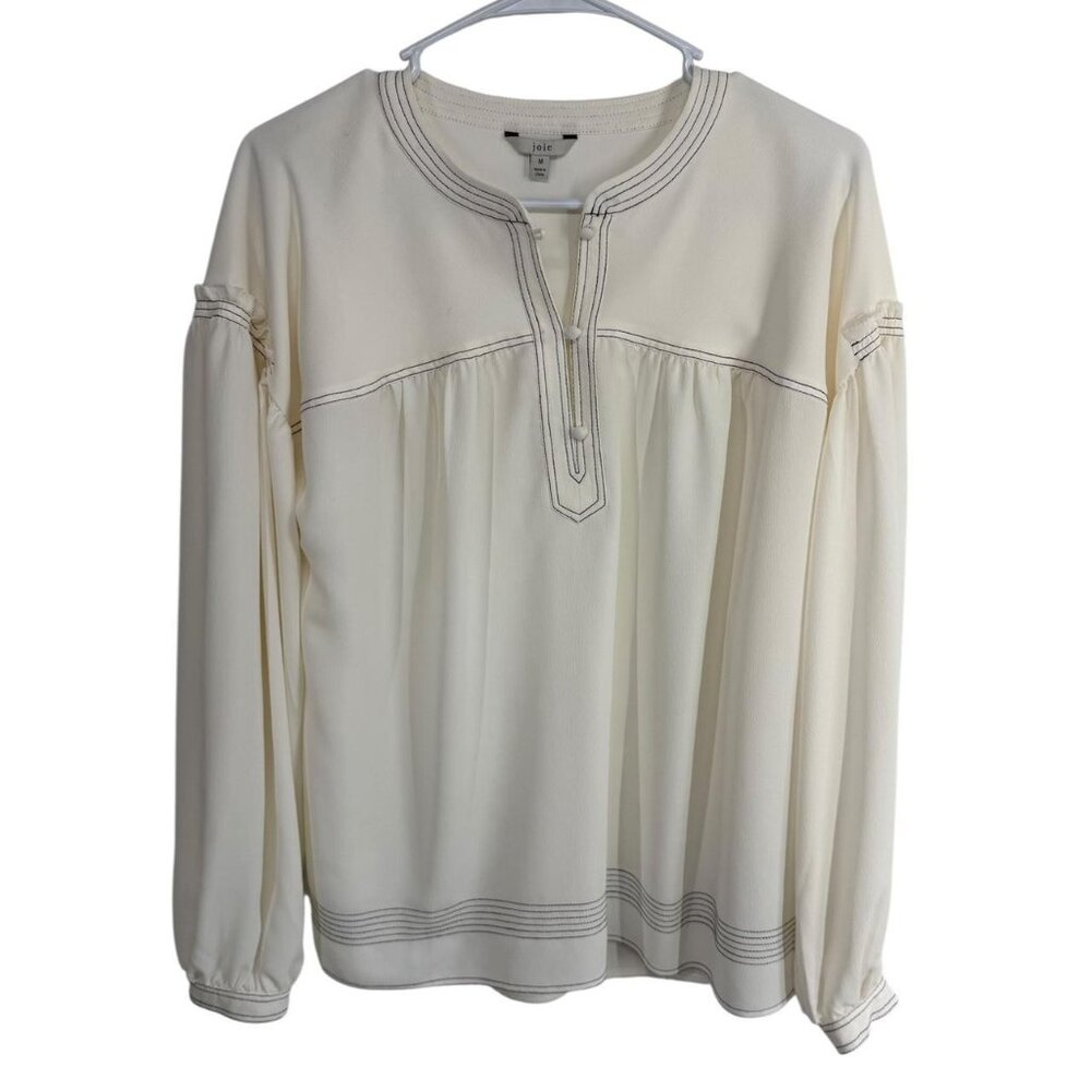 Joie Mirna Gathered Crepe Porcelain Blouse 1/4 Button Balloon Sleeve, Medium